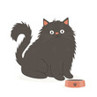 Vector Flat Black Fluffy Cat with Pets Bowl. Cartoon Cat Icon Isolated. Black Cute and Funny Cat in Front View