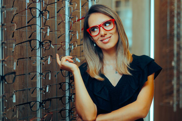 Canvas Print - Happy Woman Trying on Glasses in an Optical Clinic. Patient after eye surgery not needing eyeglasses anymore 
