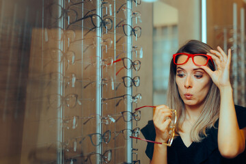 Wall Mural - Surprised Woman Checking the Price on a Pair of Glasses. Puzzled customer trying to decide which frame to buy
