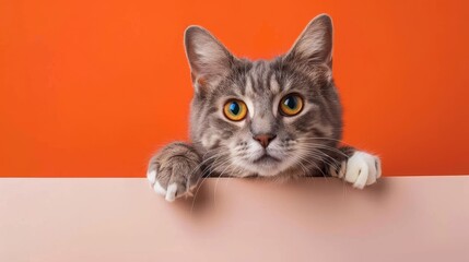 Wall Mural - A portrait of a Scottish Straight cat holding a banner with its paws, set against an orange background, Ai Generated