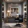 A stylish home office with a glass desk, leather chair, and abstract art4