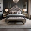 A glamorous bedroom with a velvet tufted headboard, mirrored nightstands, and a fur throw4