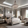 A chic bedroom with a canopy bed, mirrored furniture, and a crystal chandelier3