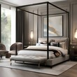A chic bedroom with a canopy bed, plush rug, and mirrored furniture5