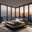 A luxurious bedroom with a king-sized bed, elegant decor, and a view of the city skyline5