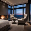 A cozy bedroom with a fireplace, plush armchair, and floor-to-ceiling windows5