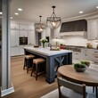 A spacious kitchen with a large island, farmhouse sink, and pendant lights5
