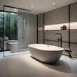 A minimalist bathroom with a freestanding tub, glass shower, and natural stone accents2