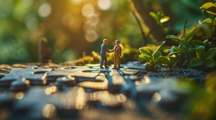 Wall Mural - Clay miniature people, a business team shaking hands on a jigsaw puzzle piece against a nature background.