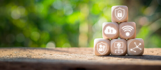 Zero trust concept, Wooden block on desk with zero trust icon on virtual screen.