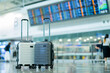 Travel, Two suitcases in an empty airport hall, traveler cases in the departure airport terminal waiting for the area, vacation concept, blank space for text message or design