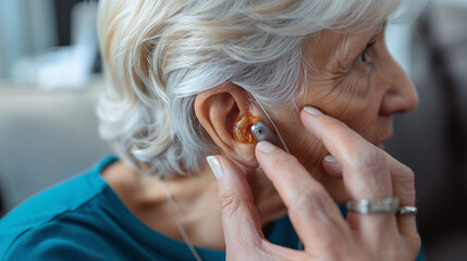 Wall Mural - Close-up of doctor putting hearing aid device on elderly female patient's ear. Deafness medical solution.