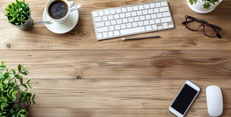 Wall Mural - Minimalist working desk with keyboard, mouse and coffee cup on light wood background with clear space for text or design.