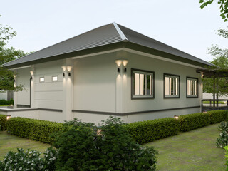 3D Rendering One story contemporary house of Thai style with parking and natural scenery background.