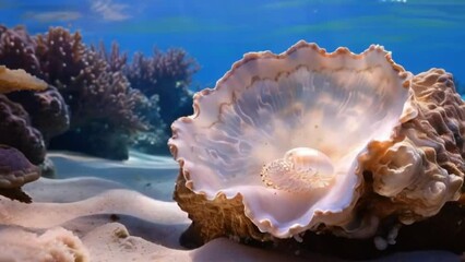Wall Mural - A pearl oyster bathed in a soft, shining light, set against the intricate details of coral formations, under the tranquil blue sea.