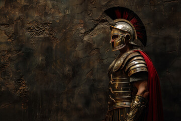 Wall Mural - a Roman soldier warrior with a dark wall in background that one could use for negative space