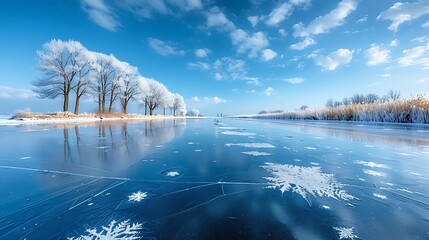 Wall Mural - Close-up view of a frozen lake, with the ice acting as a mirror reflecting the crisp blue sky above, interspersed with the delicate tracery of frost.