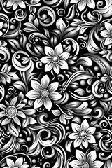 Wall Mural - A black and white floral patterned design with a flower in the center