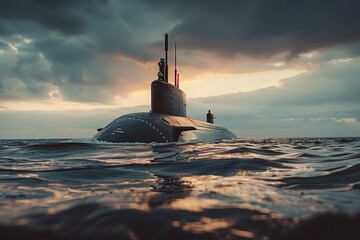 Naval submarine on the sea surface rush at fast speed from the depths sunset