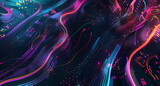 Fototapeta Uliczki - A dark background with colorful neon light swirls and glowing lines