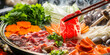 close up of hot pot ingredients, meat and vegetables in the center with chopsticks picking up beef slices from top to bottom, generative AI