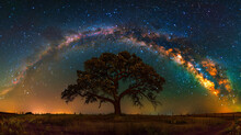 A Lone Oak Tree Silhouetted Against A Magnificent Night Sky Filled With A Stunning Milky Way Galaxy And Colorful Nebulae. The Tree Stands In A Rural Field With A Fence In The Foreground