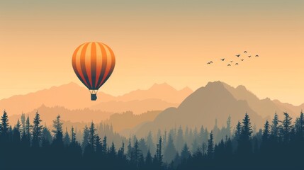 vector illustration of a hot air balloon floating over forest and mountains, minimalist design, flat vector style, soft colors, calming effect.