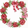 the wreath is made of red and pink carnations, green leaves, generative AI