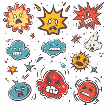 Assorted Comic Style Expressions Colorful Characters Grimacing, Shocked, Screaming. Cartoon Clouds Stars Accents Decorate Quirky Emotional Faces. Whimsical Graphic Elements Create Playful Moody