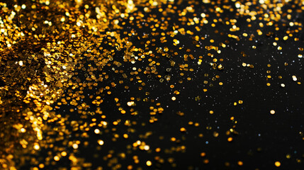 Wall Mural - falling glittering gold confetti texture overlay isolated on black background for festive event decoration 