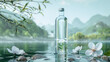 A transparent glass bottle with water on the background of a morning mountain lake. a calm and minimalistic landscape with a bottle of water. a bottle of water on the background of mountains and lakes