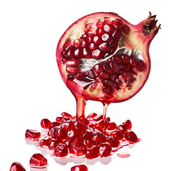 Wall Mural - Pomegranate juice dripping from half of fruit isolated on white background. Clipping path.