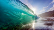 Surfing ocean wave. Breaking ocean wave with blue sky and sun