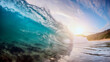 Surfing big ocean wave at sunset, panoramic view.