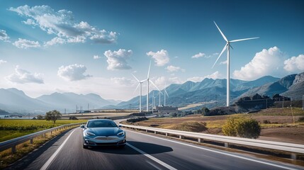 Electric car drive on the wind turbines background. Car drives along a mountain road. Electric car driving along windmills farm. Alternative energy for cars. Car and wind turbines farm. 3d render