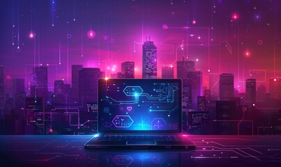 A computer monitor is displayed on a table with a city skyline in the background