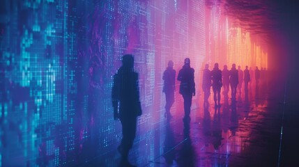 A group of people walk down a long hallway with a blue and orange background