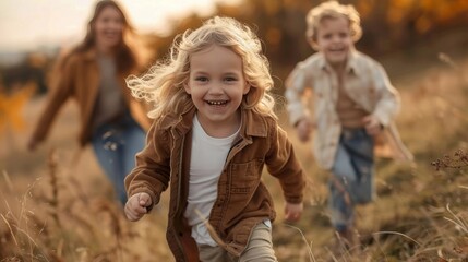 Wall Mural - A young girl is running through a field with her two brothers