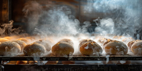 A closeup of bread rolls being baked in an oven,