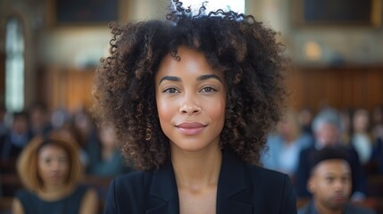 Wall Mural - A woman with curly hair is smiling at the camera