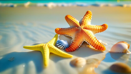 Wall Mural - A starfish and seashell on a sandy beach with crystal clear water 