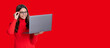 Teen girl with laptop isolated on red. Teen girl study online. Online education. Back to school. Knowledge and online education. Video lesson on laptop. Copy space banner. Interactive online modules