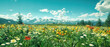 Wildflower Meadow in the Mountains, Summer Landscape with Blue Sky and Floral Splendor
