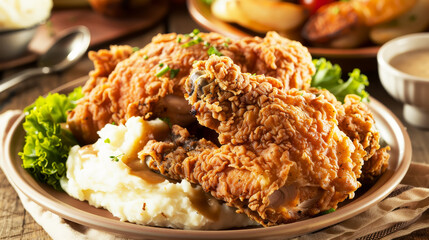 Wall Mural - Hearty crispy chicken served with a side of mashed potatoes and garnished with lettuce
