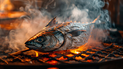 Wall Mural - fresh whole tuna grilled over hot coals with a cloud of smoke enveloping the entire fish, creating a mouth-watering aroma, Ai generated Images