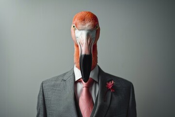 Wall Mural - A Flamingoin a sharp business suit, poised and dignified, isolated against a stark white background, AI Generative