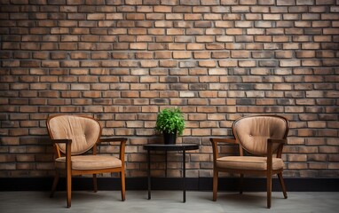 Wooden chairs and table in the living room with brick wall background