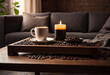 Cozy living room with coffee cup, coffee beans in wooden bowl on table. Relaxing and warm.