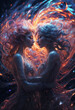 Fiery and icy feminine figures entwined in a passionate, elemental dance.