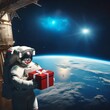 Astronaut holds Red Gift Box Floating Near Space Station